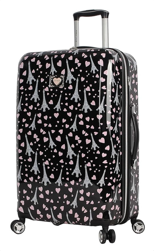 Betsey Johnson 26 Inch Checked Luggage Collection - Expandable Scratch Resistant (ABS + PC) Hardside Suitcase - Designer Lightweight Bag with 8-Rolling Spinner Wheels (Paris Love)