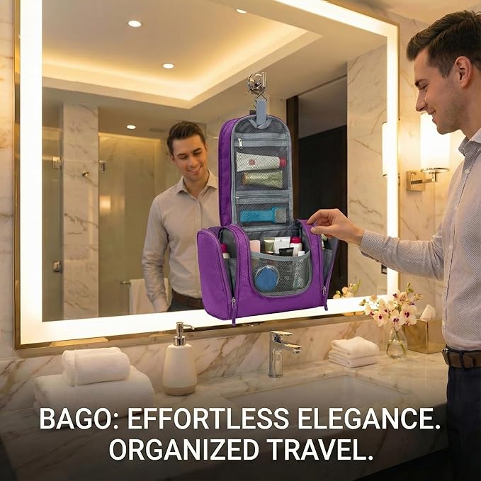 Bago Travel Toiletry Bag for Women and Men - Large Waterproof Hanging Toiletry Bag for Bathroom and Travel Bag for Toiletries Organizer (Purple)