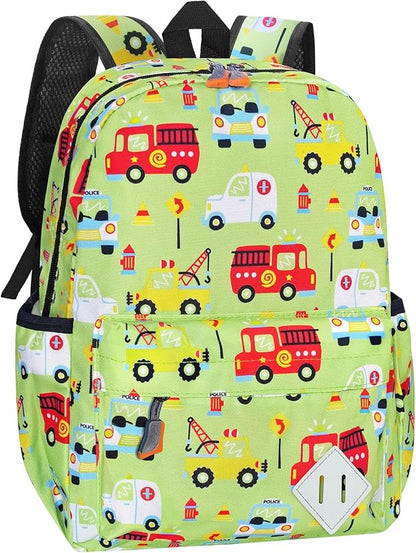 Little Kids Backpack for Girls Boys - 15 Inch Preschool Kindergarten Backpack Cute Car Patterns School Bag for Aged 3-8, Green