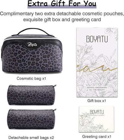 BOYATU Travel Makeup Bag for Women: 3 Pcs Set Portable Make up Bags with Handle - Leopard Print Cosmetic Bags with Comparments - Waterproof Vegan Leather Toiletry Bag (A-1-Purple)