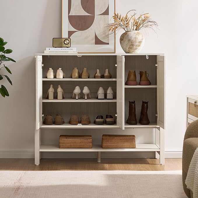 SICOTAS Rattan Shoe Cabinet with Storage - 30 Pairs Boho Shoe Organizer with 3 Doors & Adjustable Shelves, Large Farmhouse Shoe Rack Cabinet for Entryway, Hallway, Living Room (White)