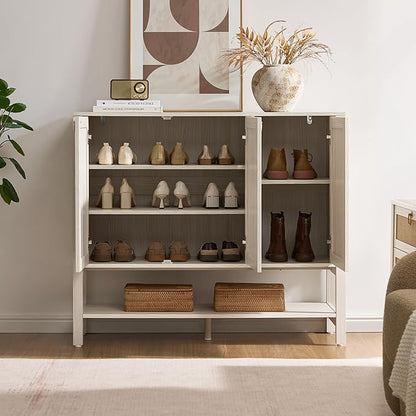 SICOTAS Rattan Shoe Cabinet with Storage - 2 Pieces Large Boho Shoe Organizer with 3 Doors & Adjustable Shelves, Tall Farmhouse Shoe Rack Cabinet for Entryway, Hallway, Living Room (White)