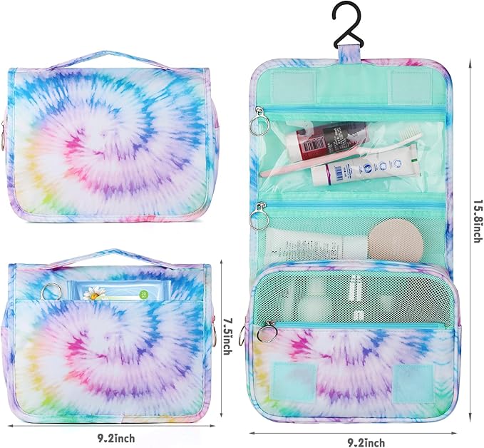 Kids Hanging Toiletry Bag for Girls, Travel Toiletry Bag for Teen Girls Tie Dye Cosmetic Makeup Waterproof Wash Bag Traveling Toiletries