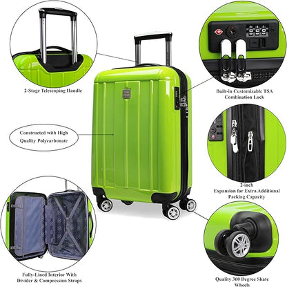 World Traveler VentureX Airline Approved 20-Inch Carry-On Luggage – Lightweight Hardside Polycarbonate Suitcase with Spinner Wheels - Contour Apple Green