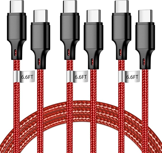 cugunu USB C to USB C Charger Cable, Nylon Braided 3Pack 60W 6.6FT Type C Fast Charging Cord Compatible for iPhone 15/16/17/Pro/Max/Plus, iPad, Air5, MacBook, Samsung, Google-Red