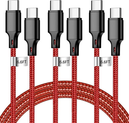 cugunu USB C to USB C Charger Cable, Nylon Braided 3Pack 60W 6.6FT Type C Fast Charging Cord Compatible for iPhone 15/16/17/Pro/Max/Plus, iPad, Air5, MacBook, Samsung, Google-Red