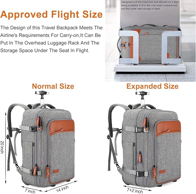 Lumesner Carry on Travel Backpacks, Extra Large 40L Flight Approved for Men & Women,Expandable Suitcase backpack (Rolling-Grey)