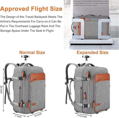 Lumesner Carry on Travel Backpacks, Extra Large 40L Flight Approved for Men & Women,Expandable Suitcase backpack (Rolling-Grey)