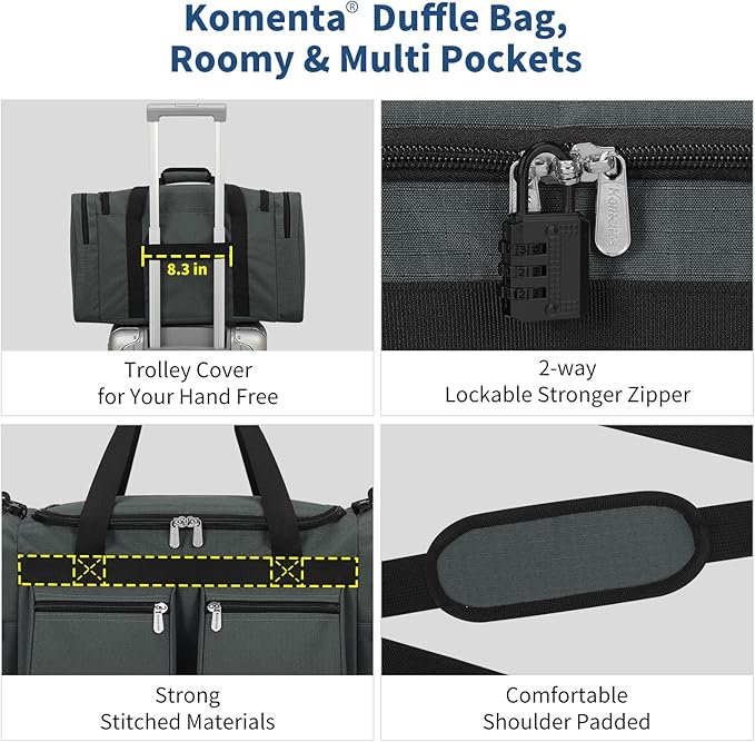 20 inch Gym Bag for Men, 40L Sports Duffle Bag with side pockets durable Weekend Overnight Bag for Travel, Workout, Fitness (Dark Grey)