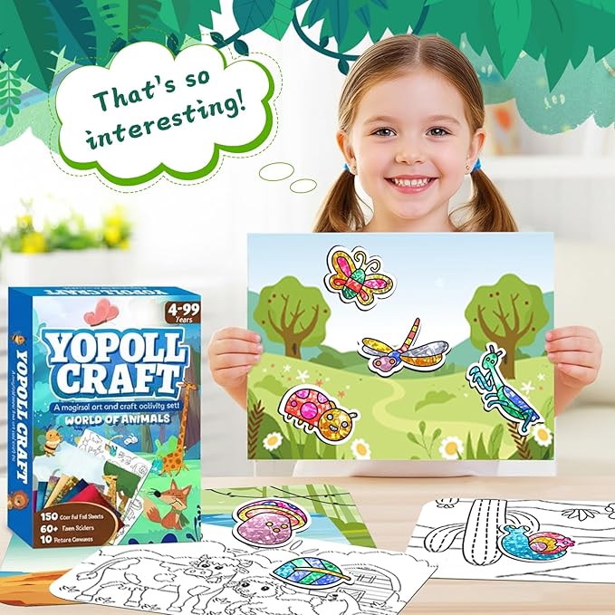 YoPoll Foil Art Craft Kits for Kids, Mess-Free DIY Creative Activity Set, Fun Arts and Crafts Toys for Boys & Girls, Peel & Press Foil Art Kit for Kids, Travel Toy and Birthday Gift (Animals)