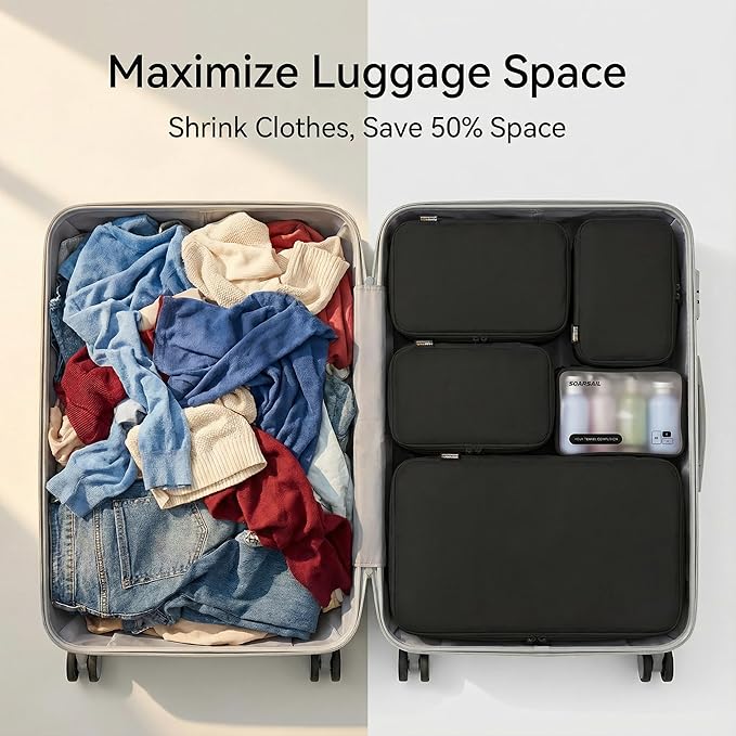 Compression Packing Cubes for Travel, 6-Piece Set (L/M/S), Double-Zip Luggage Organizers with Mesh Panels, Space-Saving Clothes Storage Bags for Suitcase & Carry-On (6 Pack, Jet Black)