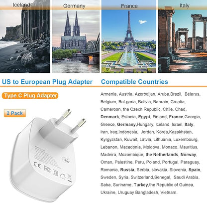 2 Pack Type C Plug Adapter, VooLerTun Germany Travel Plug Adapter with 4 USB Charger Ports, 1 American Outlet Adapter. US Converter for European France Denmark Norway Brazil Travel Essential