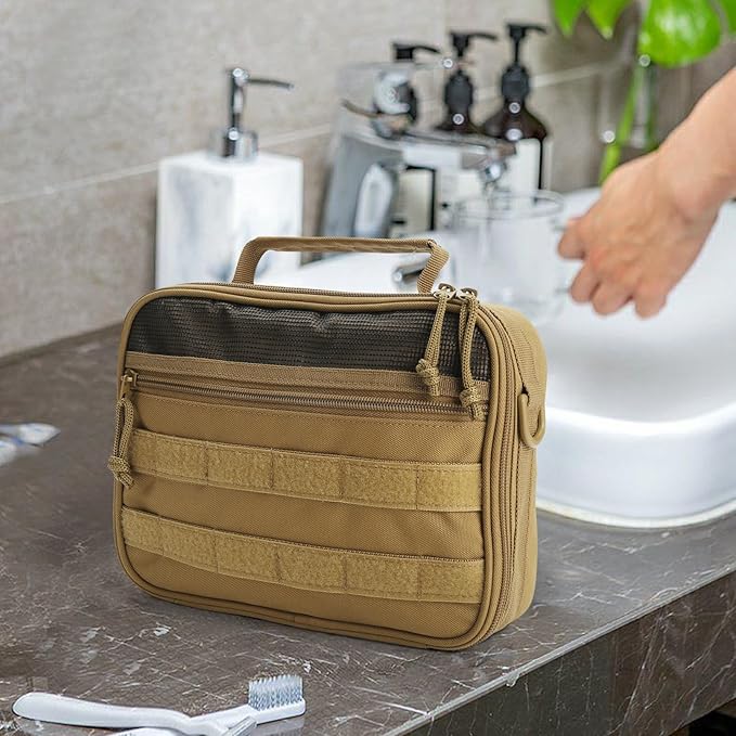 Tactical Toiletry Bag for Men, Travel Hanging Toiletry Bags, Toiletries Organizer Dopp Kit, Travel Cosmetic Bag,Shaving Hygiene Bag, Bathroom Essentials Men's Toiletry Bag for Camping - Khaki