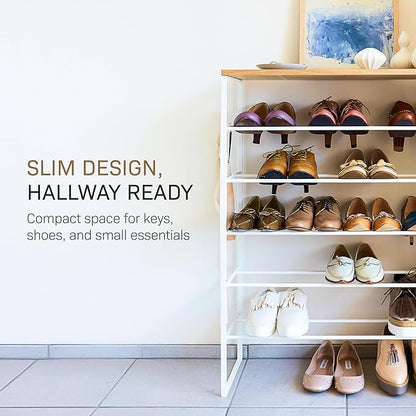 YAMAZAKI Home Six-Tier Shoe Organizer – Tall Slim Shoe Rack for Entryway Or Closet, Narrow Metal Shoe Storage with Wooden Top, Steel, White, Easy Assembly, 34" - Steel - Holds 18 to 21 Shoe