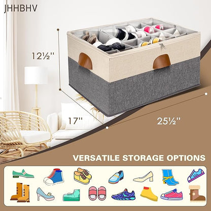 1 Pack Shoe Organizer for Closet, Adjustable Shoe Box Storage Containers, Large Foldable Shoe Bins with Clear Cover, Space Saving Shoes Holder with 4 Handles, Fits 12-24 Pairs, Beige
