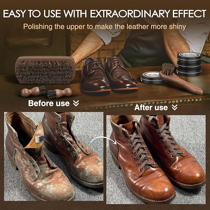 13Pcs Shoe Polish Kit, Shoe Shine Kit for Men & Women with Horsehair Shoe Polish Brush, Black Brown Neutral Mink Oil for Leather Boots Shoe Care Kit as Christmas Gift for Men with Care Cloth