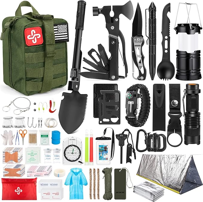 Survival Kit, 250Pcs Survival Gear First Aid Kit with Molle System Compatible Bag and Emergency Tent, Emergency Kit for Earthquake, Outdoor Adventure, Hiking, Hunting, Gifts for Men Women
