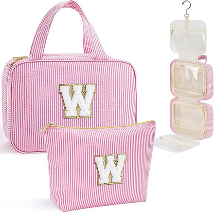 YOOLIFE Hanging Toiletry Bag for Women - Travel Toiletry Bag Makeup Bag, Portable Toiletries Cosmetic Bag, Airplane Travel Essentials - Letter W, Pink