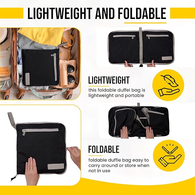 LEGEND 40L Foldable Duffle Bag for Travel - Packable Duffle Bags w/Shoe Compartment - Tear Resistant Collapsible Duffel Bags for Traveling - Lightweight Folding Duffel Bag for Men & Women -Black