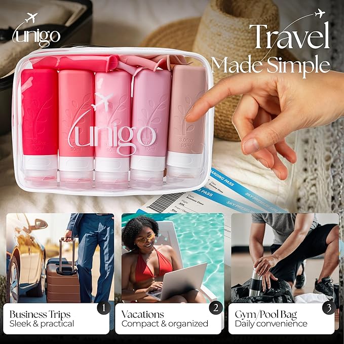 unigo Travel Bottles For Toiletries, 5-pack 3.oz TSA Aprroved Travel Size Bottles, Containers For Toiletries, BPA Free, Leak Prrof, Refillable Containers Bottles (Pink)