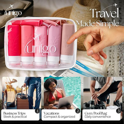 unigo Travel Bottles For Toiletries, 5-pack 3.oz TSA Aprroved Travel Size Bottles, Containers For Toiletries, BPA Free, Leak Prrof, Refillable Containers Bottles (Pink)