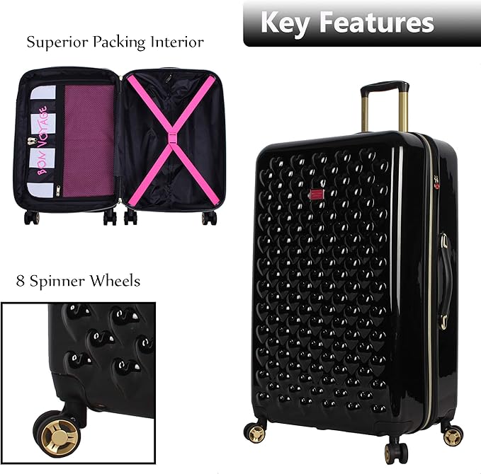 Betsey Johnson Luggage Hardside 3 Piece Set Suitcase With Spinner Wheels (20" 26" 30") (One Size, Heart to Heart Black)