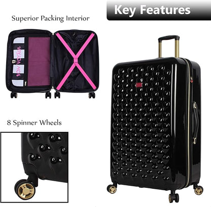 Betsey Johnson Luggage Hardside 3 Piece Set Suitcase With Spinner Wheels (20" 26" 30") (One Size, Heart to Heart Black)