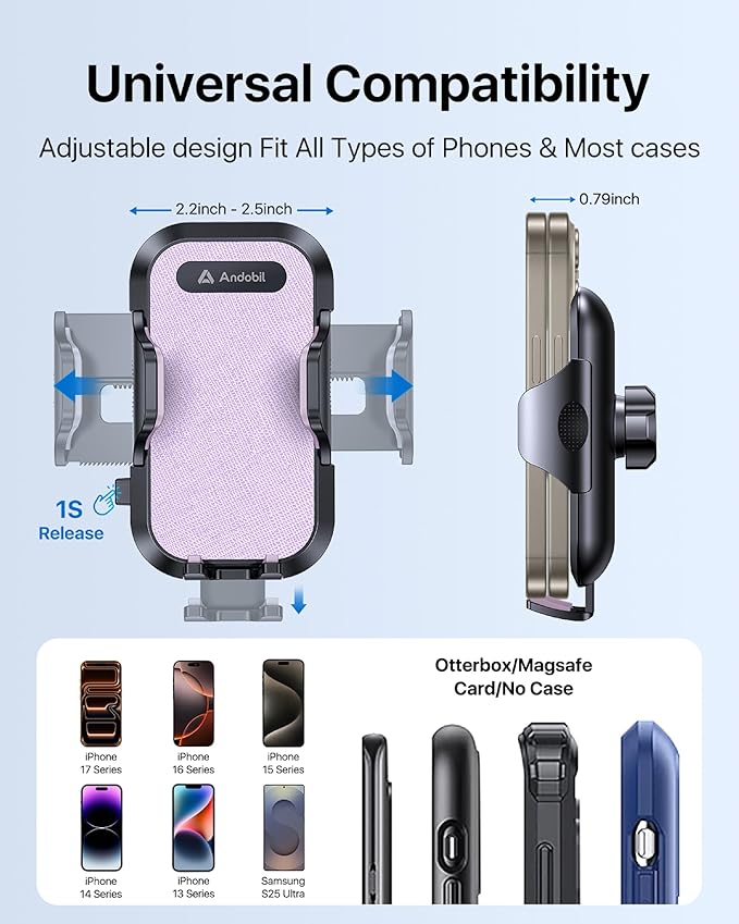 andobil Car Phone Holder, 2025 Military-Grade 89bs Strongest Suction Phone Holders for Your Car Dashboard/Windshield/Vent Easy Clamp Cellphone Holder Truck Stand for iPhone 17 16 15 Pro Max, Purple