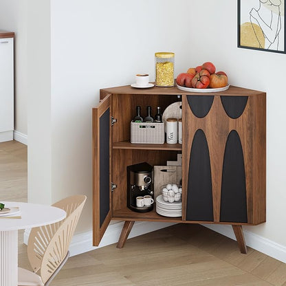 Small Corner Cabinet,Corner Floor Cabinet with Adjustable Doors and Shelve, Freestanding Narrow Storage Organizer for Kitchen Living Room Bathroom (Walnut and Black)