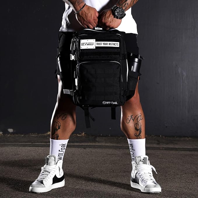 WOLFpak 35L Athletic Gym Backpack - Durable 1000D Waterproof Oxford Material with MOLLE Webbing, Laptop Pocket & Dual Cup Holders, Durable Fitness/Travel/Military Daypack (Alpha Black White Accents)