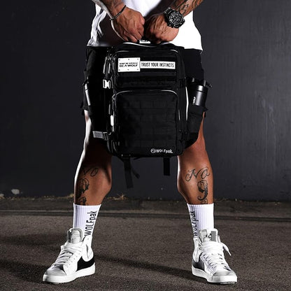 WOLFpak 35L Athletic Gym Backpack - Durable 1000D Waterproof Oxford Material with MOLLE Webbing, Laptop Pocket & Dual Cup Holders, Durable Fitness/Travel/Military Daypack (Alpha Black White Accents)