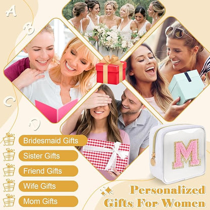 Personalized Initial Letter Clear Preppy Makeup Bag,Mini Nylon Chenille Letter Cosmetic Bag Cute Zipper Pouch Purse for Teen Girls,Portable TSA Approved Beach Travel Essentials Bag Gift for Women,M
