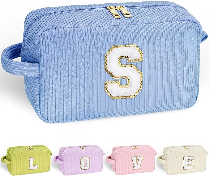 YOOLIFE Small Cute Makeup Bag - Personalized Teen Girl Gifts for Daughter Sister Girlfriend Best Friend Birthday Gifts for Women Mom Teacher Grandma Gifts Initial Blue Makeup Bag Cosmetic Bag Letter S