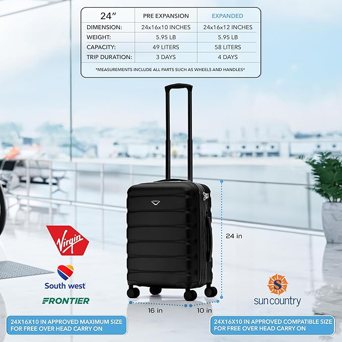Flight Knight Carry On Suitcase Hardside Built In TSA Lock & USB Port Silent Double Spinner Wheels Maximum Overhead Carry-On Bag For Virgin & South West Approved Airlines( 24x16x10" ,Black )