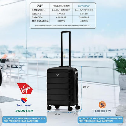 Flight Knight Carry On Suitcase Hardside Built In TSA Lock & USB Port Silent Double Spinner Wheels Maximum Overhead Carry-On Bag For Virgin & South West Approved Airlines( 24x16x10" ,Black )