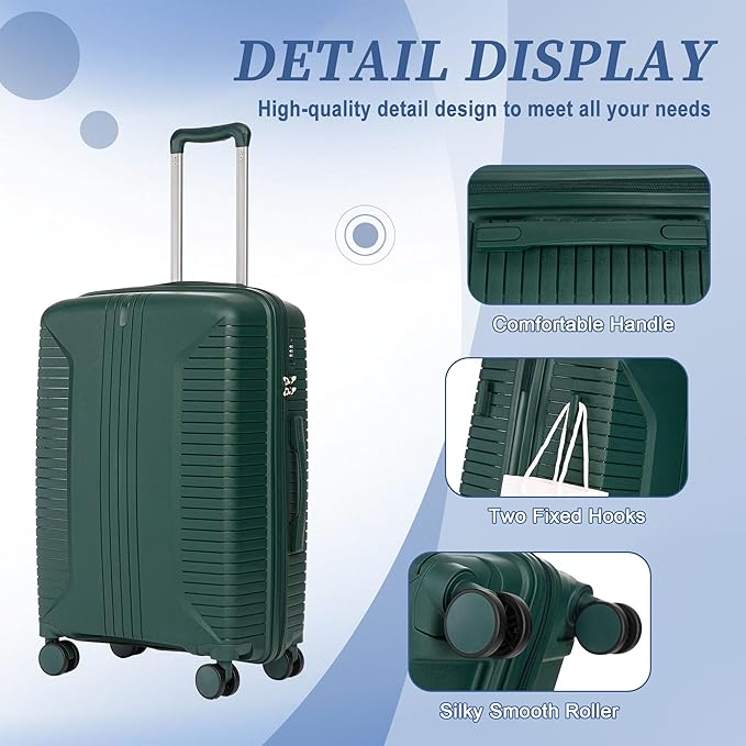 Campfun 3 Piece Luggage Sets, PP Suitcase Set with Double Spinner Wheels Hang Hook, Durable Carry On Luggage with Combination Lock, 20/24/28 inch, Green
