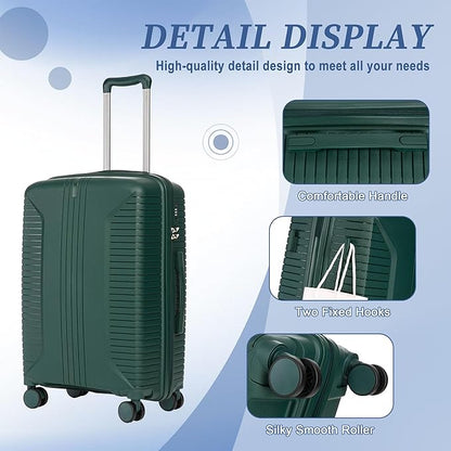 Campfun 3 Piece Luggage Sets, PP Suitcase Set with Double Spinner Wheels Hang Hook, Durable Carry On Luggage with Combination Lock, 20/24/28 inch, Green