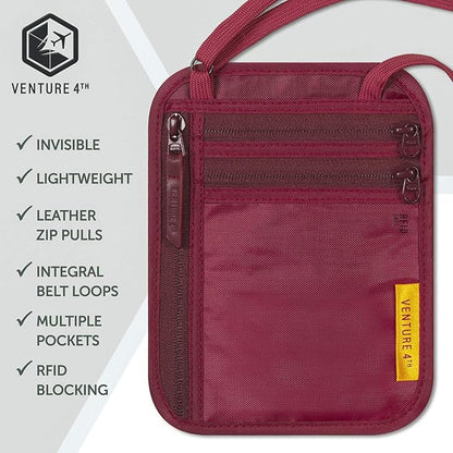 VENTURE 4TH RFID Blocking Travel Neck Wallet - Security Neck Pouch Passport Holder with Nylon Lining (Red)