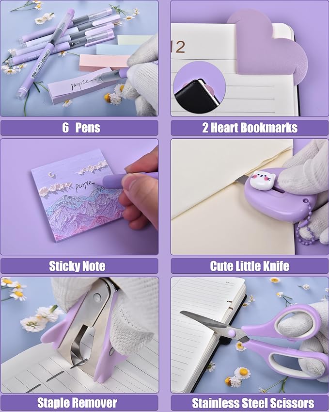 Purple Desk Accessories, 26Pcs Office Supplies and Desk Organizers, with Tape Dispenser, Stapler, Staple Remover Ect, Christmas Gifts