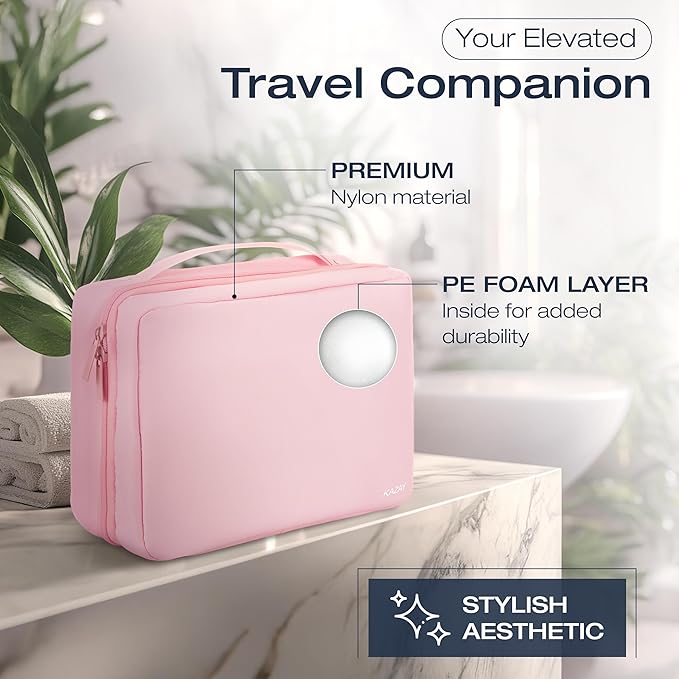 KAZAY Hanging Toiletry Bag with TSA Approved Detachable Pouch, Travel Toiletry Bag, Water Resistant, Premium Nylon, Travel Size Toiletries, Cosmetic Bag, Makeup Bag (Pink)