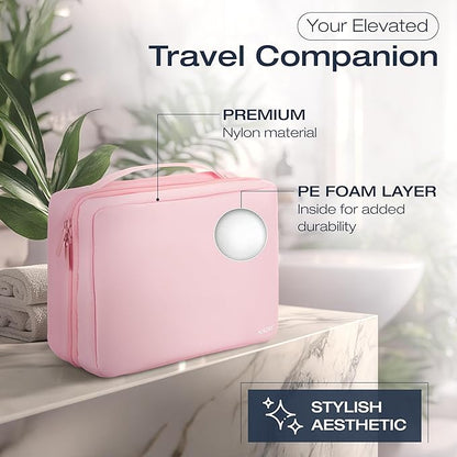 KAZAY Hanging Toiletry Bag with TSA Approved Detachable Pouch, Travel Toiletry Bag, Water Resistant, Premium Nylon, Travel Size Toiletries, Cosmetic Bag, Makeup Bag (Pink)