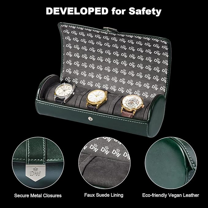 DUKWIN Watch Roll for 3 Watches,Vegan Leather Travel Watch Case Organizer with Removable Pillows for Men and Women,Display Case for Watches Collection & Gift for Anniversary Birthday(Green Storag Box)