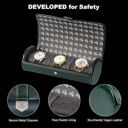 DUKWIN Watch Roll for 3 Watches,Vegan Leather Travel Watch Case Organizer with Removable Pillows for Men and Women,Display Case for Watches Collection & Gift for Anniversary Birthday(Green Storag Box)