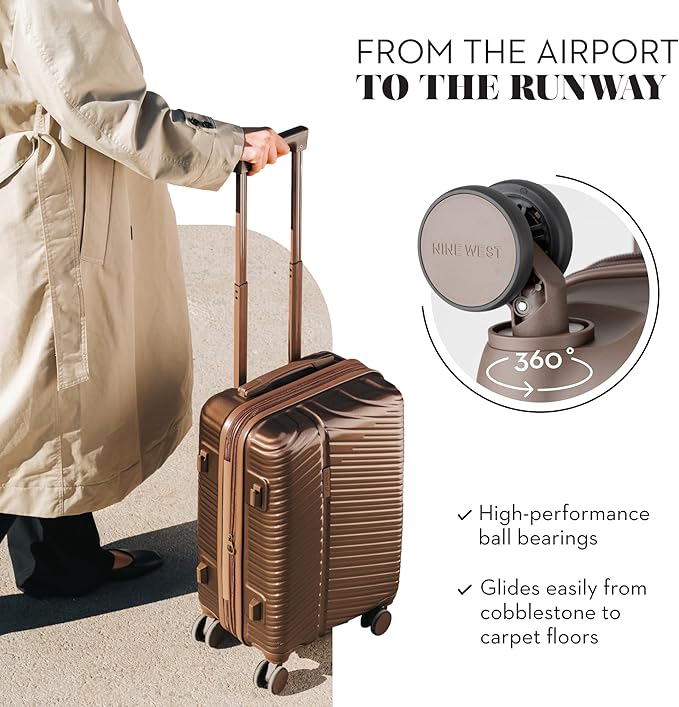 Nine West Zion 20" Inch Smart Carry On Luggage with Wheels, Hardshell Suitcase with Cup Holder & USB Port for Charging, Airline Approved Cabin Bag Chocolate Martini