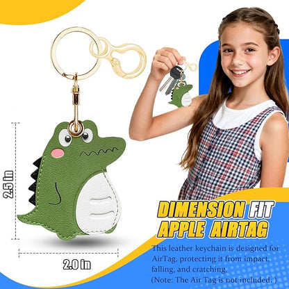 Leather Keychain for Airtag, Cute Protective Keychain Holder Compatible with Apple Air Tag,GPS Item Tracker Case Cover for Keys,Bags,Pets,Luggage(Dinosaur)