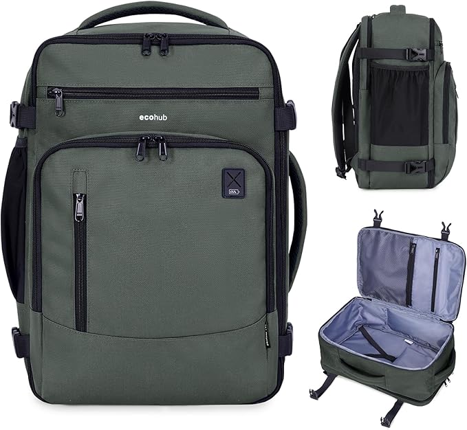 ECOHUB 17" Small Travel Backpack, United Airlines Personal Item Bag 17x10x9 with 16 Pockets, Water Resistant Rucksacks Fit 15.6" Laptop, AirTag Pocket, Lightweight Casual Daypack, 25L, Green