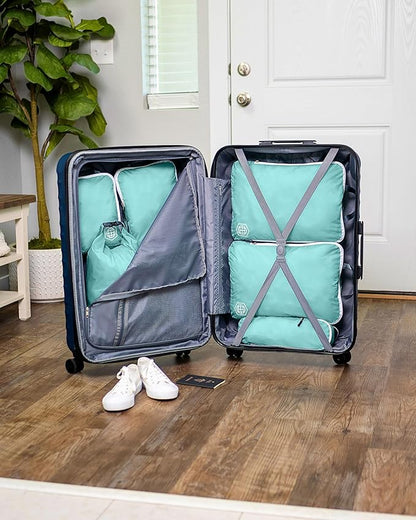 Large Compression Packing Cubes for Travel-Packing Cube Luggage Organizers 7 Piece Set for Checked Luggage-Ultralight, Expandable/Compression Bags by TRIPPED Travel Gear (DustyTeal/White)