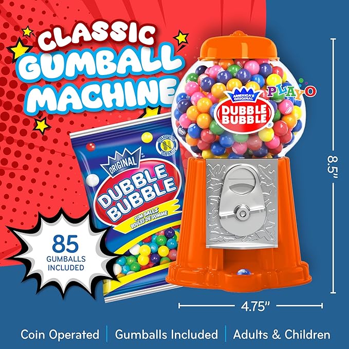 Gumball Machine Halloween Candy - for Kids 8.5" - Coin Operated Toy Bank - Dubble Bubble Red Gum Machine Classic Red Style Includes 45 Gum Balls - Kids Coin Bank - Candy Dispenser - Playo