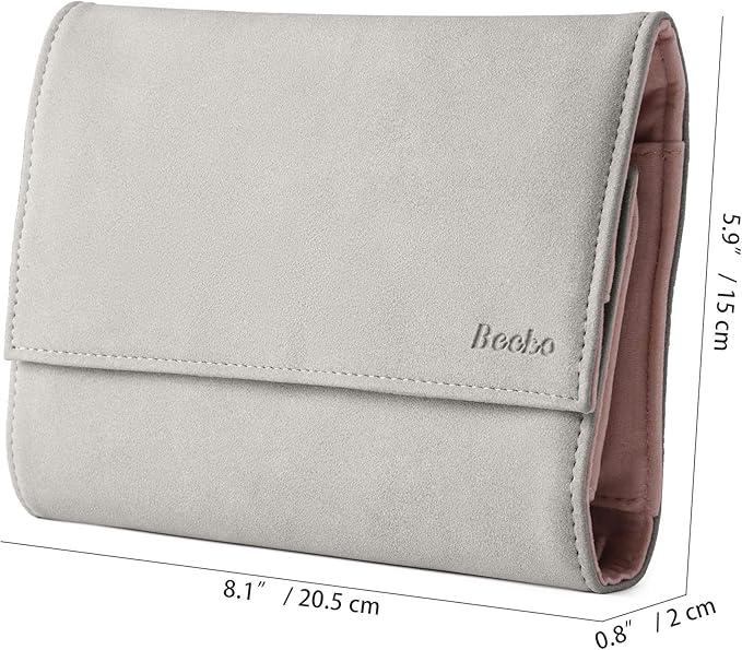 Becko US Jewelry Organizer Roll Travel Jewel Bag case for Multiple Necklaces, Rings, Bracelets, Supple Leather & Suede, Large Capacity Without Crease, Lightweight, Portable & Practical (Gray)