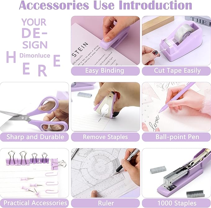 Purple Desk Accessories, Purple Office Supplies Accessories with Tape Dispenser, Stapler, Staple Remover, 1000 Staples, Tape, Clips Set, Ruler, Scissor, Pen